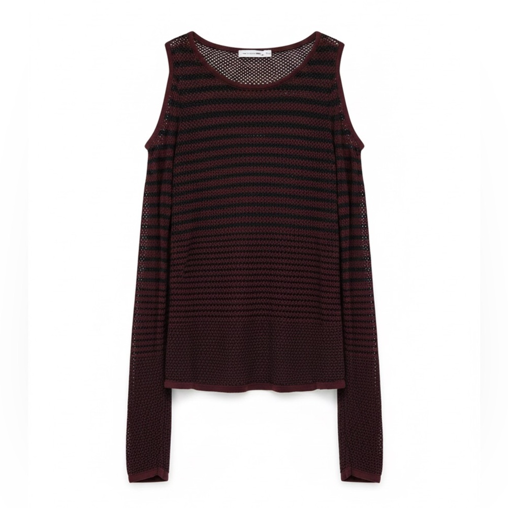 Rag & Bone Burgundy Navy Striped Mesh Quinn Sweater Cold Shoulder Knit Top Sz M